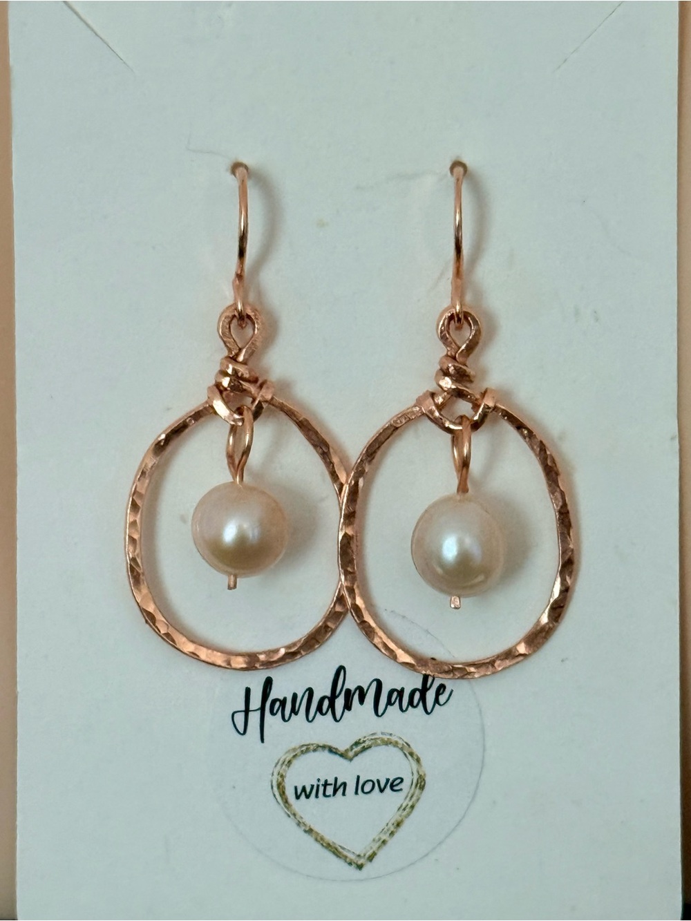 Handmade Rose Gold Textured Hoop Earrings with Pearl Drop Accent